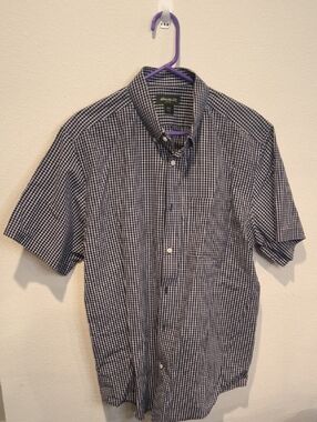 Eddie Bauer Navy and White Short-Sleeve Check Button-Down Shirt Men's XL